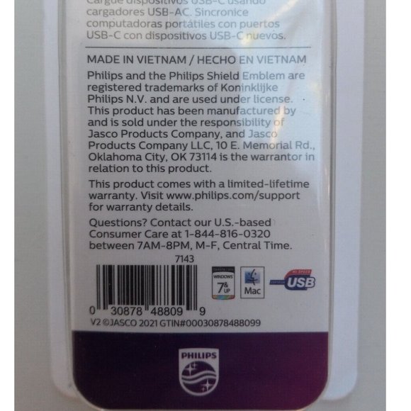 PHILIPS USB-C/USB-C Charge Cable Braided 6ft length Rated for 60W Black *NEW BOX - Picture 7 of 7